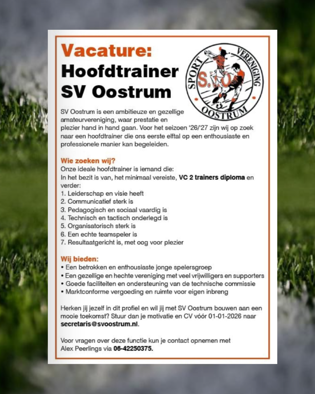 Vacature hoofdtrainer SV Oostrum